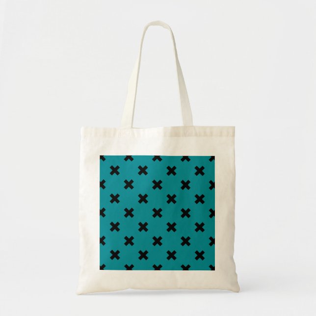 Black cross stitches on teal tote bag (Front)