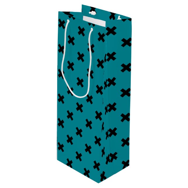 Black cross stitches on teal wine gift bag (Front Angled)