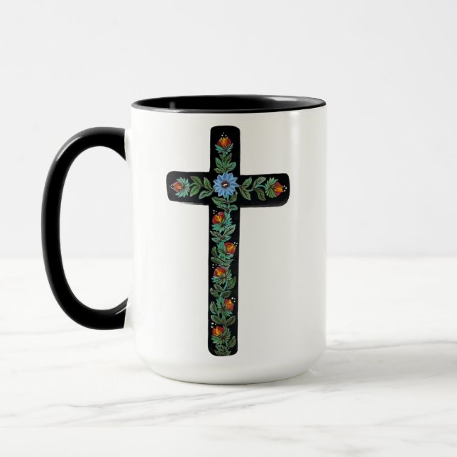Black Cross with Flowers Mug (Left)