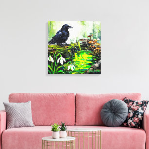 Black Crow and Glowing Forest Stream Oil Painting Canvas Print
