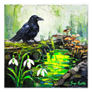 Black Crow and Glowing Forest Stream Oil Painting Photo Print