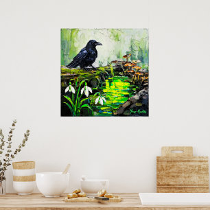 Black Crow and Glowing Forest Stream Oil Painting Poster