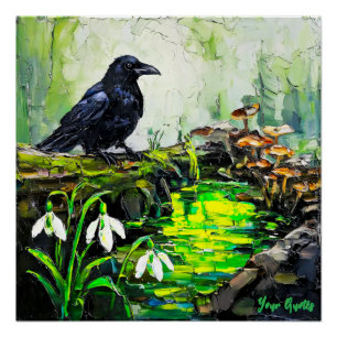 Black Crow and Glowing Forest Stream Oil Painting Poster