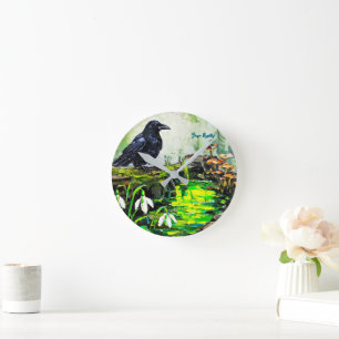 Black Crow and Glowing Forest Stream Oil Painting Round Clock