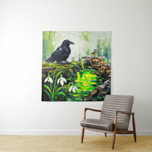 Black Crow and Glowing Forest Stream Oil Painting Tapestry