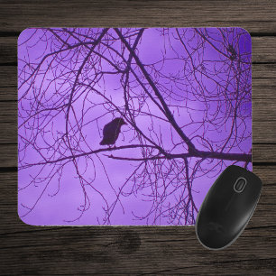 Black Crow Barren Tree Branches Purple Sky Mouse Pad