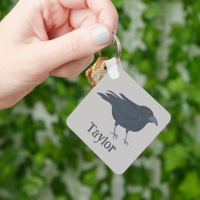 Black Crow Bird Illustration Personalised Key Ring (Hand)