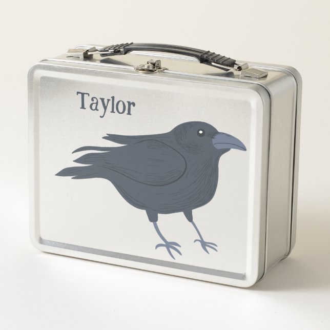 Black Crow Bird Illustration Personalised Metal Lunch Box (Front)