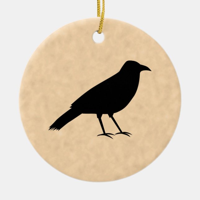 Black Crow Bird on a Parchment Pattern. Ceramic Tree Decoration (Front)