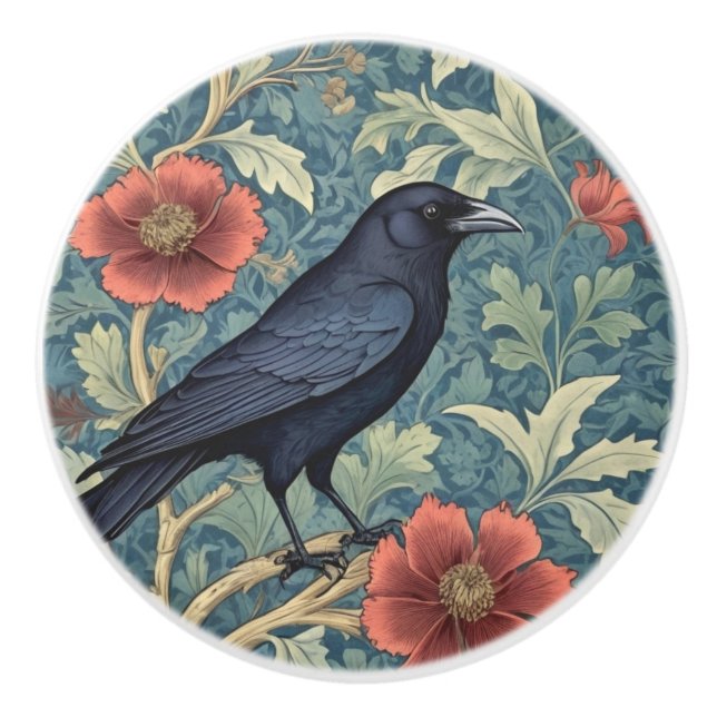 Black Crow Bird William Morris style Right facing Ceramic Knob (Front)