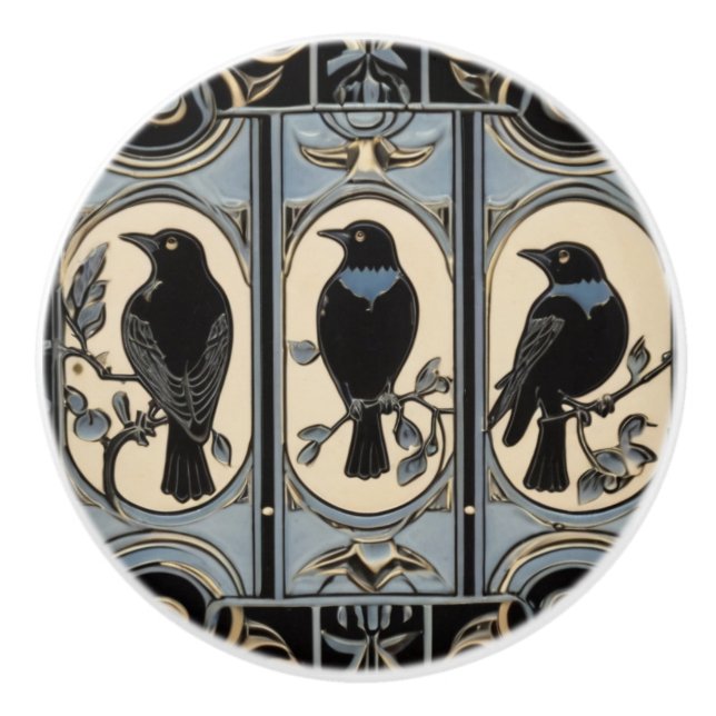 Black Crow Birds Art Nouveau Art Deco Bird Ceramic Knob (Front)