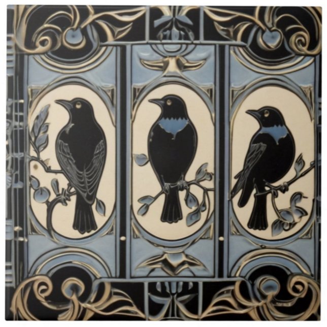 Black Crow Birds Art Nouveau Art Deco Bird Tile (Black Crow Birds Art Nouveau Art Deco Bird Ceramic Tile)