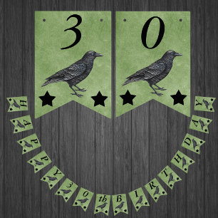 Black Crow Black Stars on Grunge Green Birthday Bunting