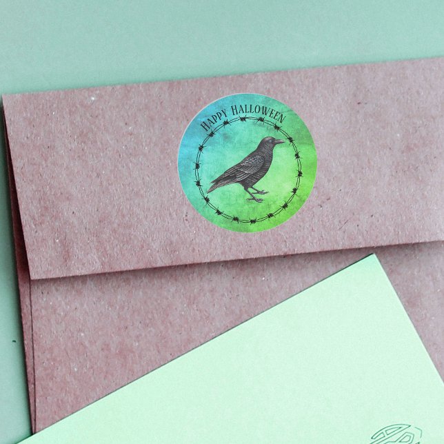 Black Crow Circle Black Barbed Wire Blue Green Classic Round Sticker (Black crow in circle of black barbed wire on shades of green and blue on Halloween stickers.)