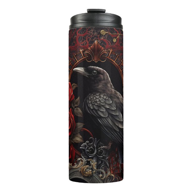 Black Crow Dark Gothic Beauty Red Roses Raven Bird Thermal Tumbler (Front)