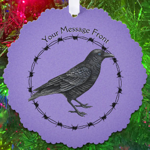 Black Crow in Circle of Barbed Wire on Purple Tree Decoration Card