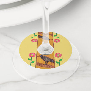 Black Crow on Branch Bright Red Flowers on Yellow Wine Glass Tag
