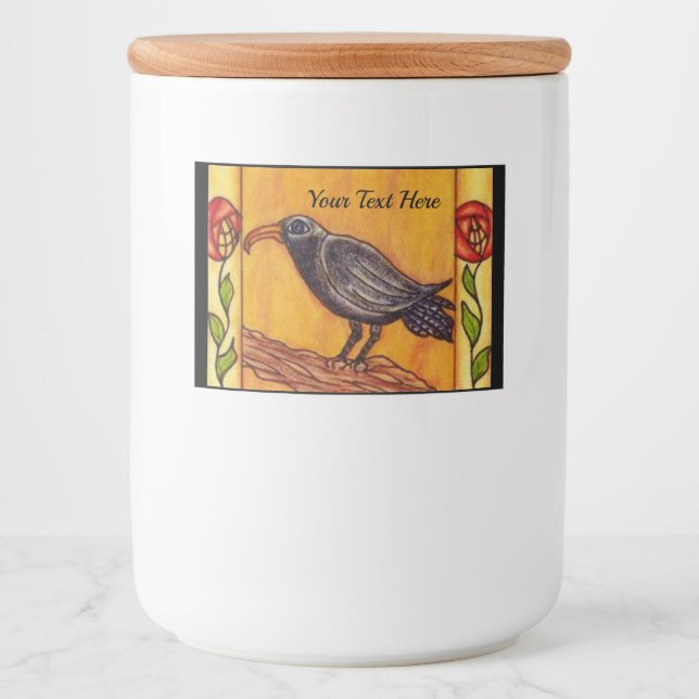 Black Crow on Branch Two Red Yellow Flowers Leaves Food Label (Front)