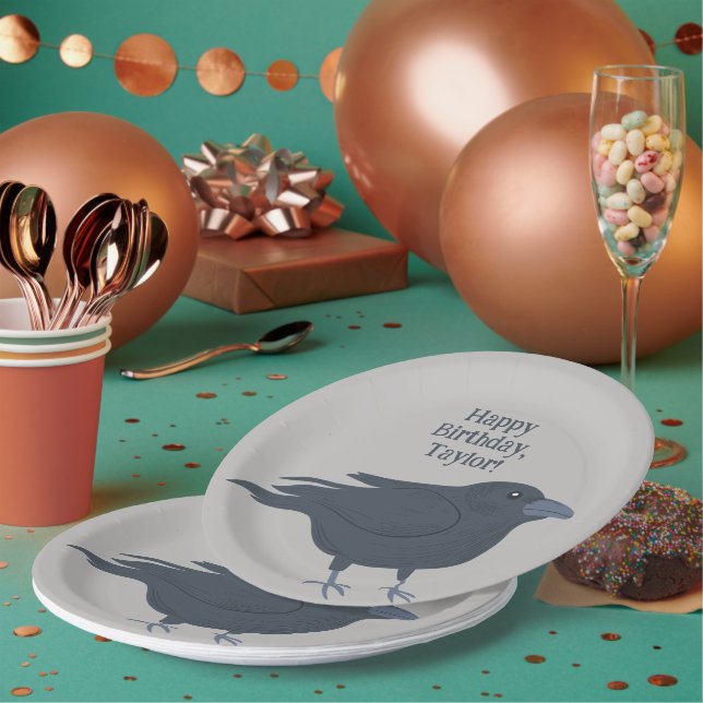 Black Crow on Grey Personalised Paper Plate (Multi)