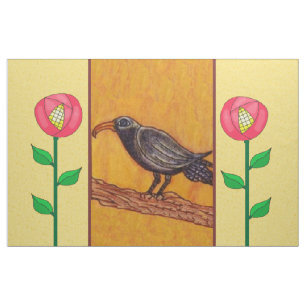 Black Crow on Tree Branch Red Yellow Flowers Fabric