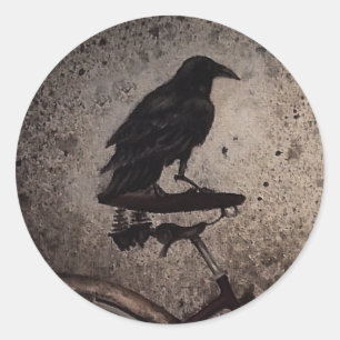 Black crow on vintage bike classic round sticker