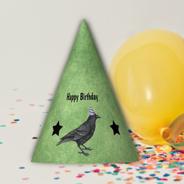 Black Crow Purple Birthday Party Hat Stars Green (Black crow in purple striped party hat black stars on green Birthday paper party hat.)