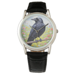 Black Crow Raven Floral  Watch