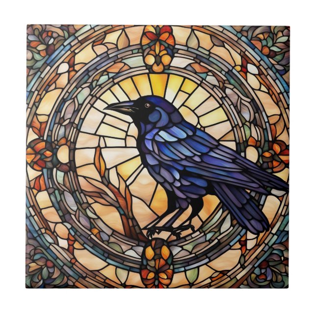 Black Crow Stained Glass Bird Tile (Front)