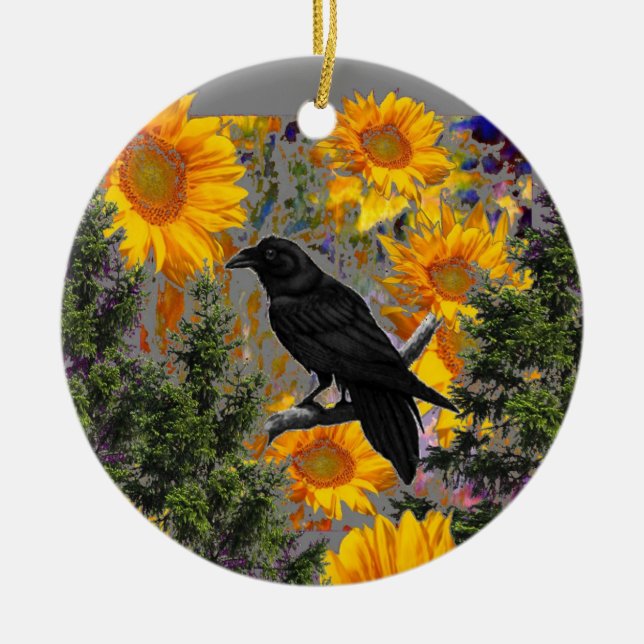 black crow & sunflowers art ceramic tree decoration (Front)
