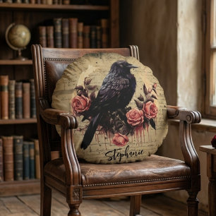 Black Crow Vintage Roses, Dark Goth Raven Floral Round Cushion