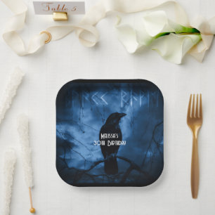Black Crow with Runes Dark Goth Style Birthday Paper Plate
