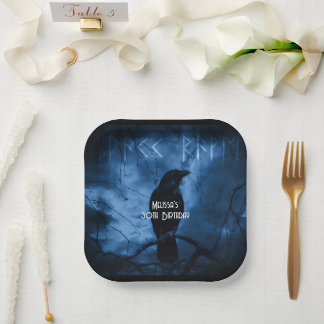 Black Crow with Runes Dark Goth Style Birthday Paper Plate (Wedding)