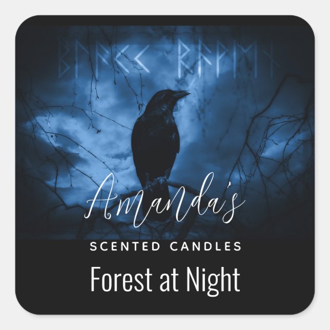 Black Crow with Runes Dark Goth Style Candle Biz Square Sticker (Front)