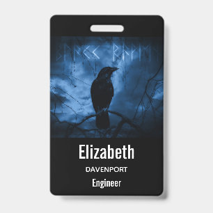 Black Crow with Runes Dark Goth Style ID Badge