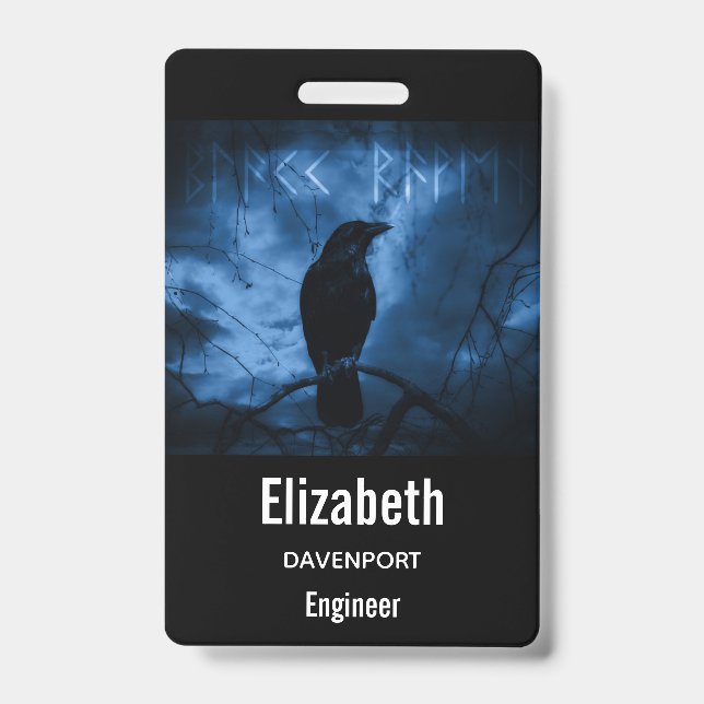 Black Crow with Runes Dark Goth Style ID Badge (Front)