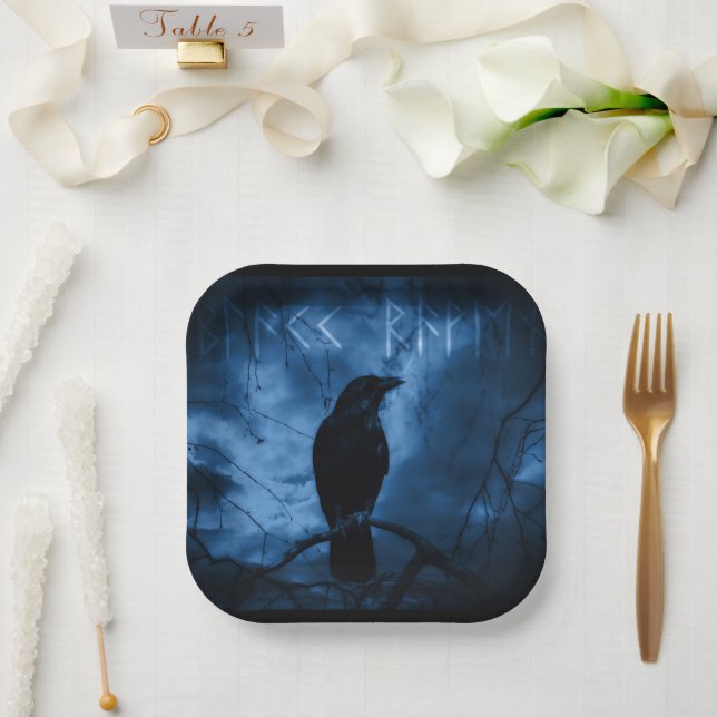 Black Crow with Runes Dark Goth Style Paper Plate (Wedding)