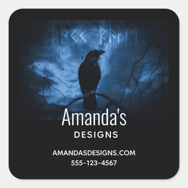 Black Crow with Runes Dark Goth Style Square Sticker (Front)