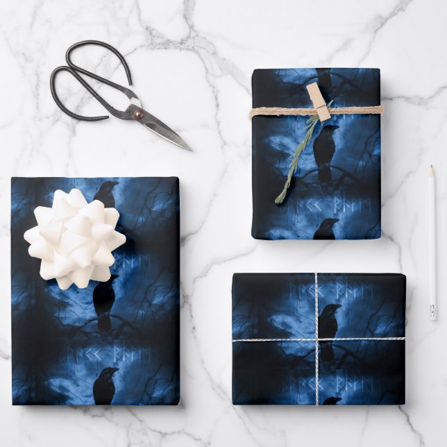 Black Crow with Runes Dark Goth Style Wrapping Paper Sheet (Front)