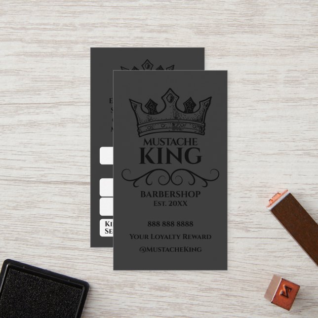Black Crown King Moustache Barbershop Reward Loyalty Card (Front/Back In Situ)