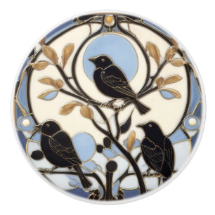 Black Crows Art Nouveau Birds Art Deco Bird Ceramic Knob