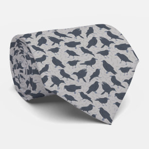 Black Crows Birds Gray Patterned Tie
