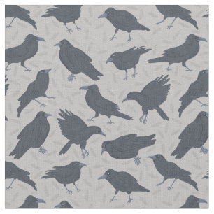 Black Crows Birds Grey Patterned Fabric