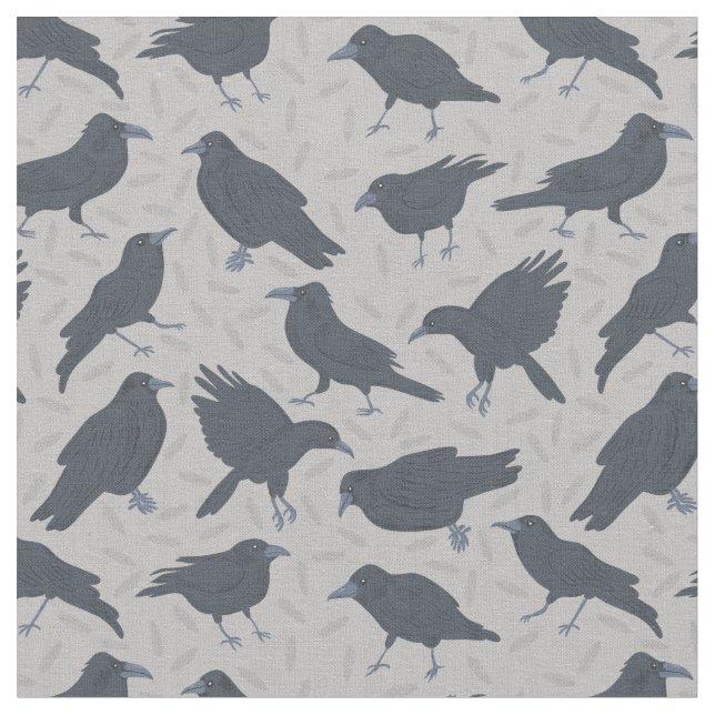 Black Crows Birds Grey Patterned Fabric (Close Up)
