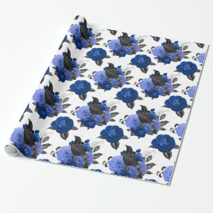 BLACK CROWS ROYAL BLUE ROSES FLOWERS GOTH WRAPPING PAPER
