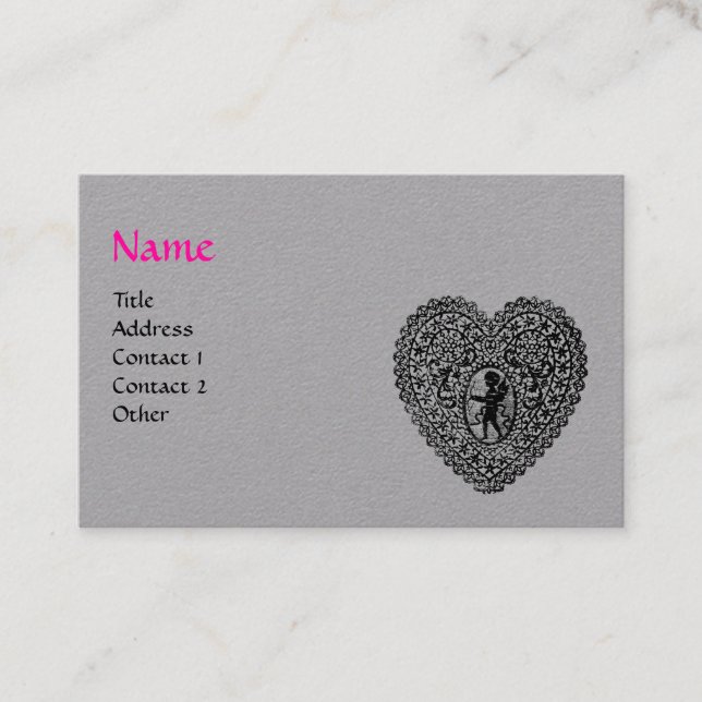 BLACK CUPID LACE HEART MONOGRAM Pink Grey Paper Business Card (Front)