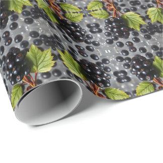 Black Currants Berries & Green Leaf Pattern Wrapping Paper