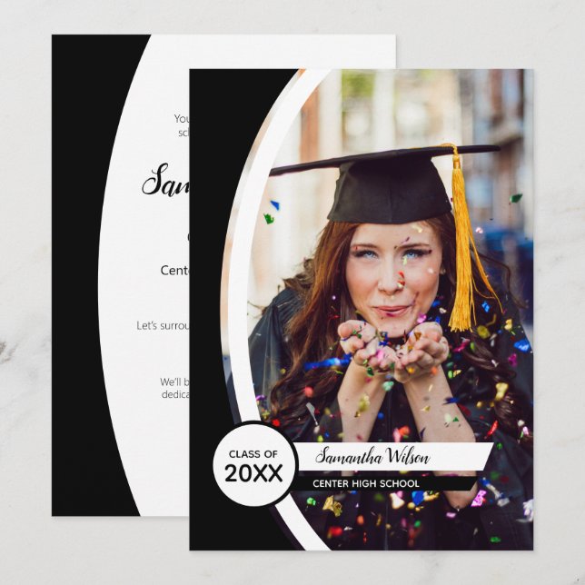 Black Curved Frame Photo Graduation Invitation (Front/Back)