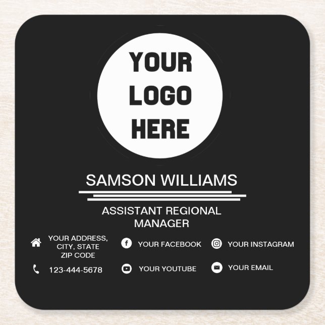 Black Custom Logo Minimalist Social Media Icons Square Paper Coaster (Front)