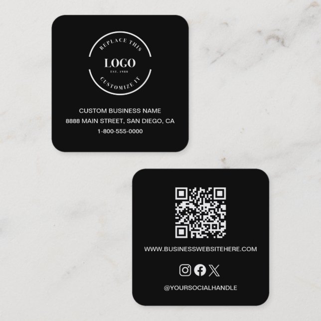 Black custom logo website QR code square Modern Business Card (Front/Back)