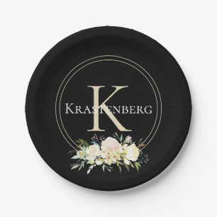 Black Custom Name Monogram White Roses Paper Plate